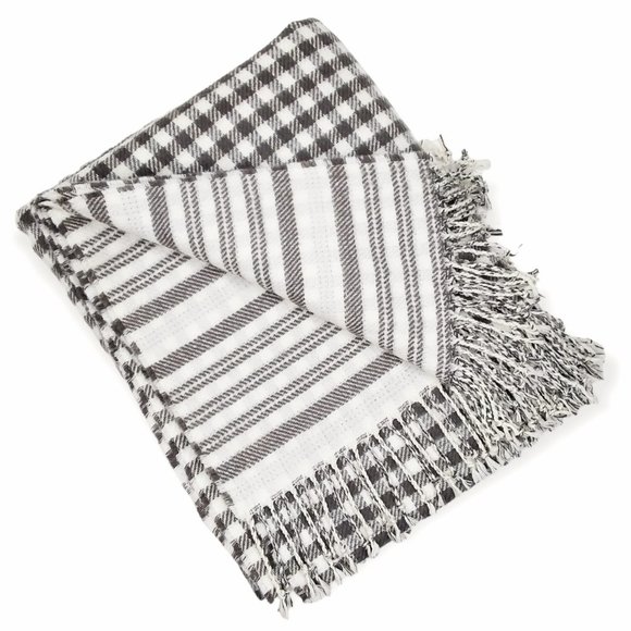 Pottery Barn Gingham Striped Reversable Throw Blanket Gray Ivory 50inX60in